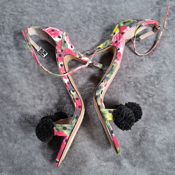 Betsey Johnson floral print heels black pom poms pink black green size 7B - Picture 4 of 12
